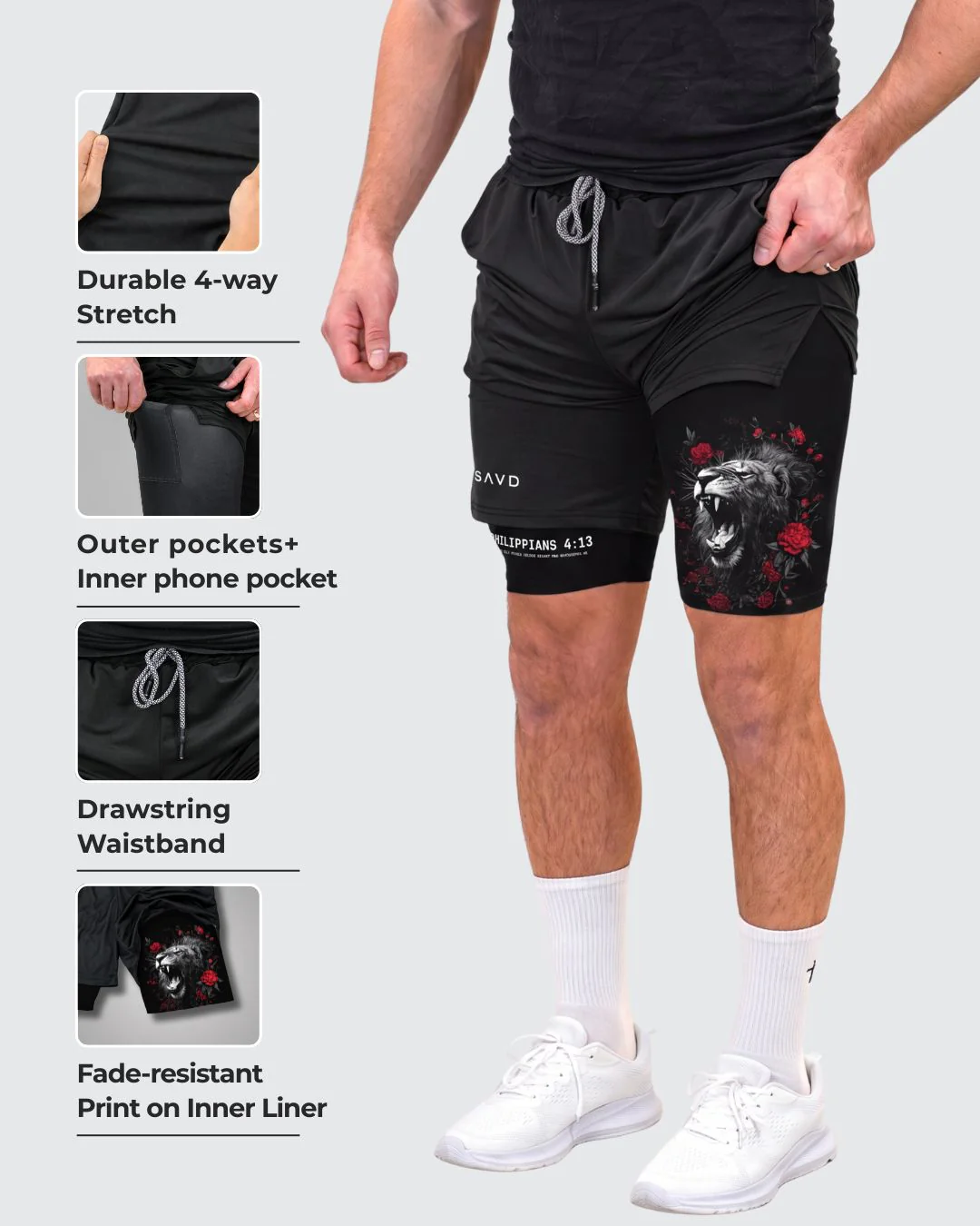 Philippians 4:13 'Lionheart' Men's Performance Shorts - Image 2